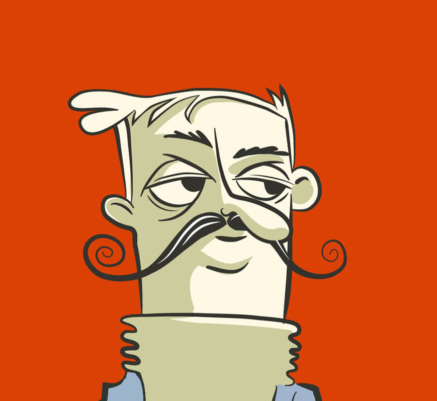 Cartoon illustration of a man with a curly mustache, sepia-toned on a bright red background