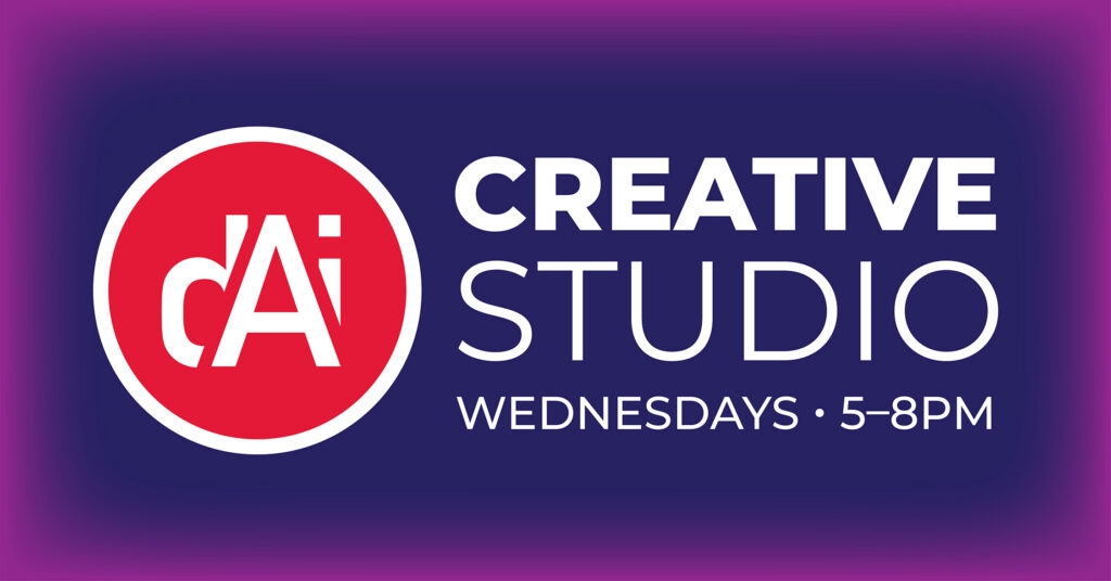 Creative Studio, Wednesdays, 5–8pm with DAI circular red logo and purple background with neon-like glow