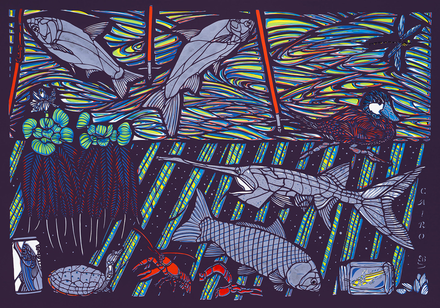 Middle Mississippi by Ellen Sandbeck, a purple papercut artwork with multicolored fish, plants, and animals on a patterned river and sky background