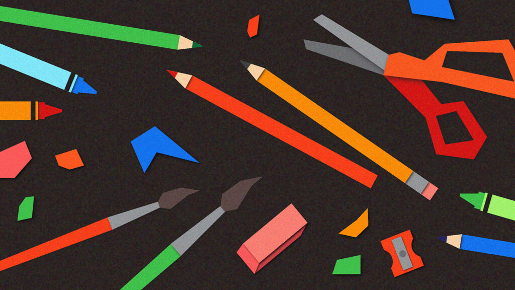 Scattered art supplies on a black background made to look like construction paper cutouts
