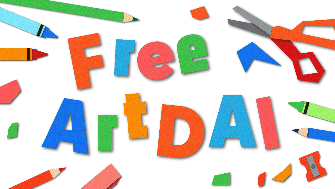 Free ArtDAI surrounded by art supplies and shapes, all styled to look like cut out construction paper