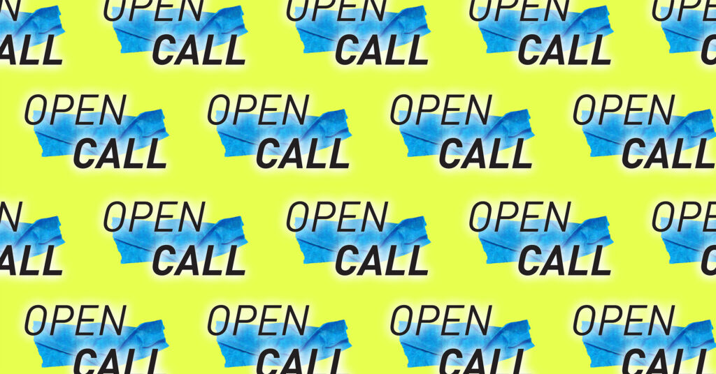 Repeated pattern of open call text over blue tape image on bright yellow background