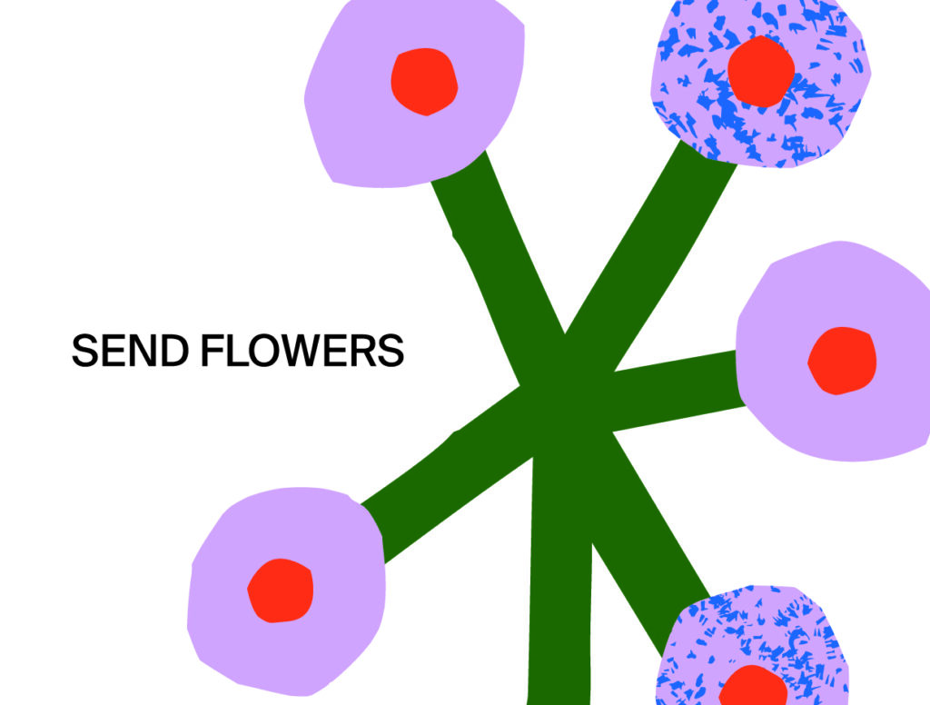 Text "Send Flowers" in plain black text to left, giant geometric flower made of a central stem with five concentric pink and orange circular shapes on stalks to the right